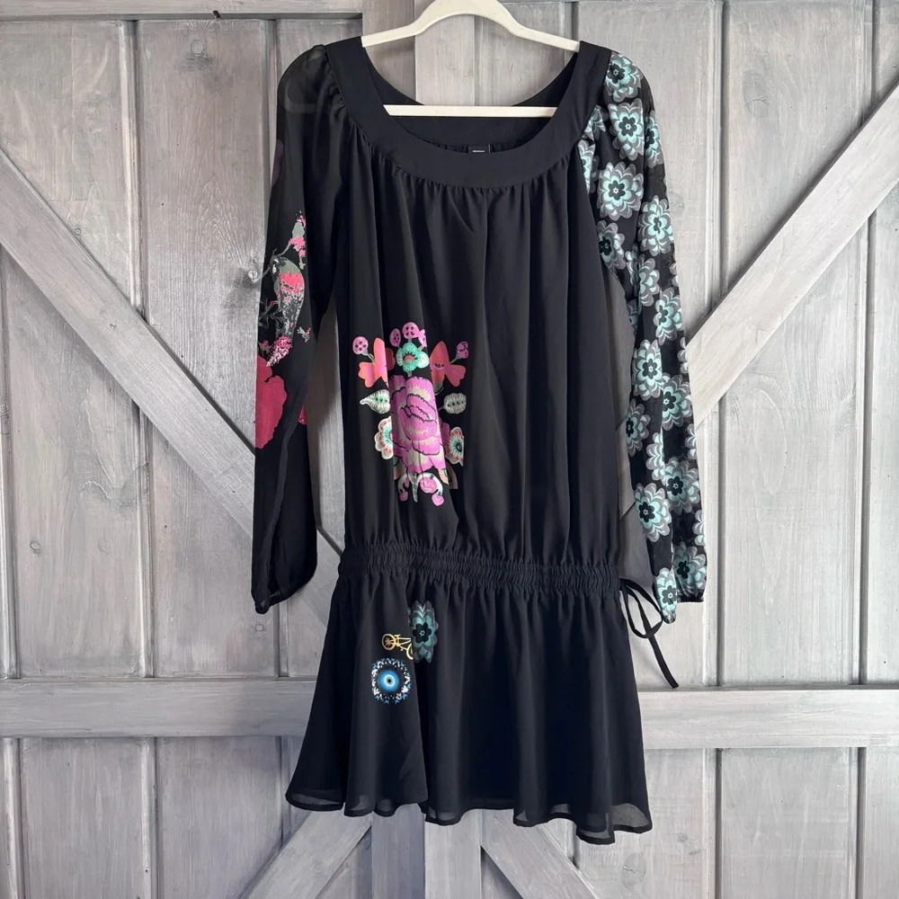 DESIGUAL Black Drop Waist‎ Flowy Dress Printed sleeves Size M - Picture 2 of 14